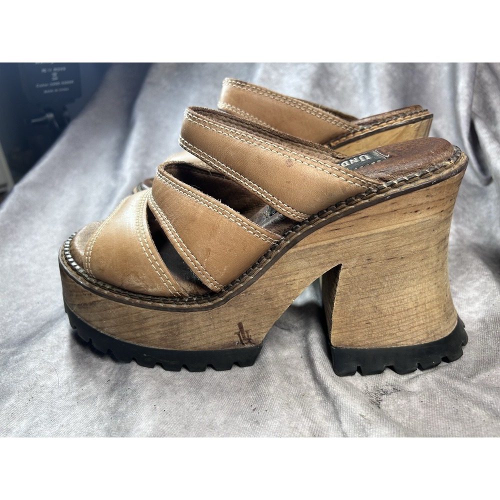 London Underground Women's 7 Leather Platform Sandals Chunky Wood Heel Y2K